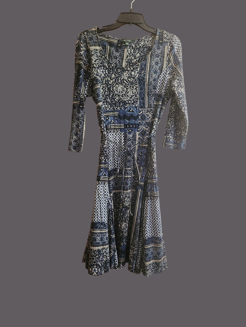 Lauren Ralph Lauren Jeans Co Navy and White Printed Fit-&-Flare Dress Tie Waist